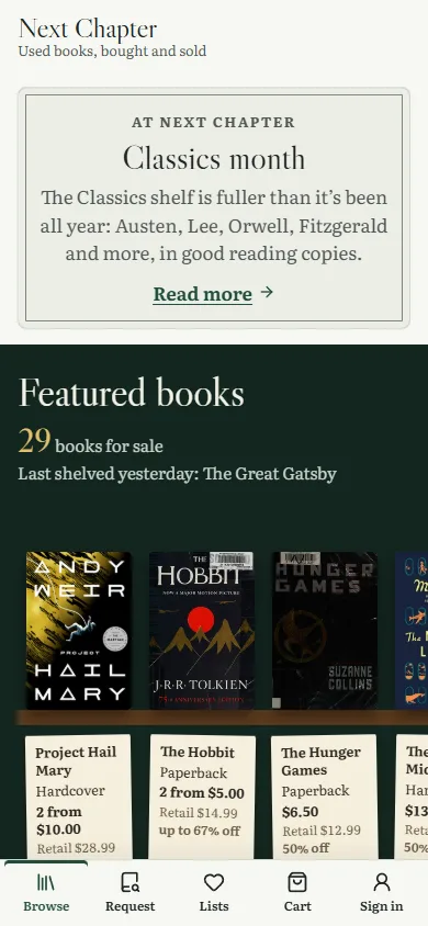 Next Chapter Book Store on a phone